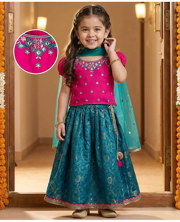 Babyhug Brocade Woven Half Puffed Sleeves Choli Lehenga & Dupatta Set with Floral Embroidery - Pink & Teal Blue
