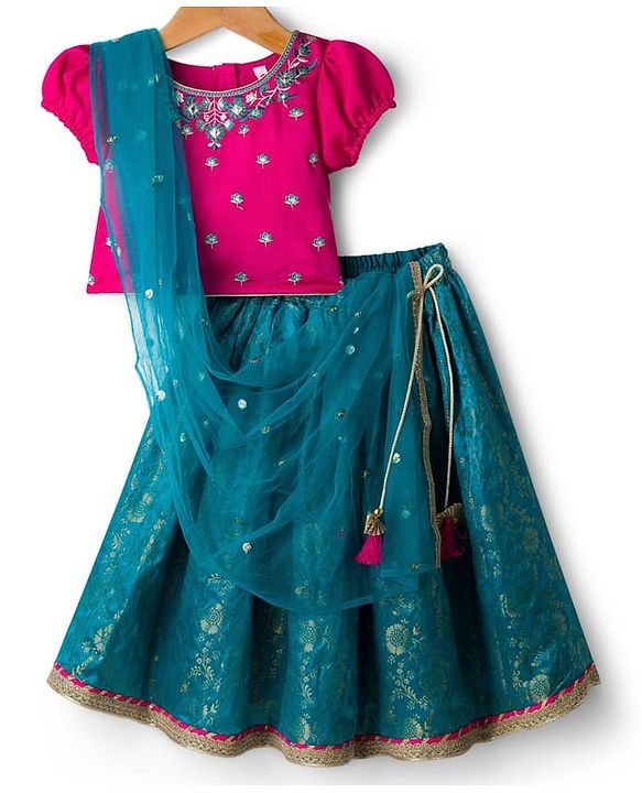 Babyhug Brocade Woven Half Puffed Sleeves Choli Lehenga & Dupatta Set with Floral Embroidery - Pink & Teal Blue