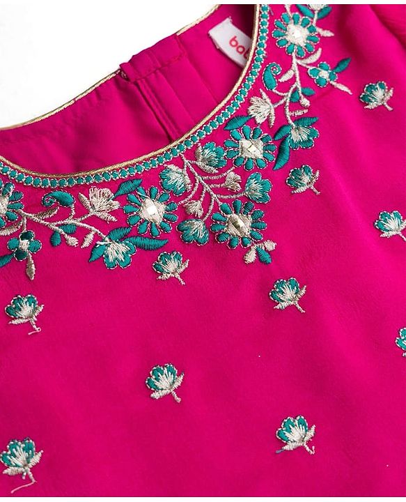 Babyhug Brocade Woven Half Puffed Sleeves Choli Lehenga & Dupatta Set with Floral Embroidery - Pink & Teal Blue