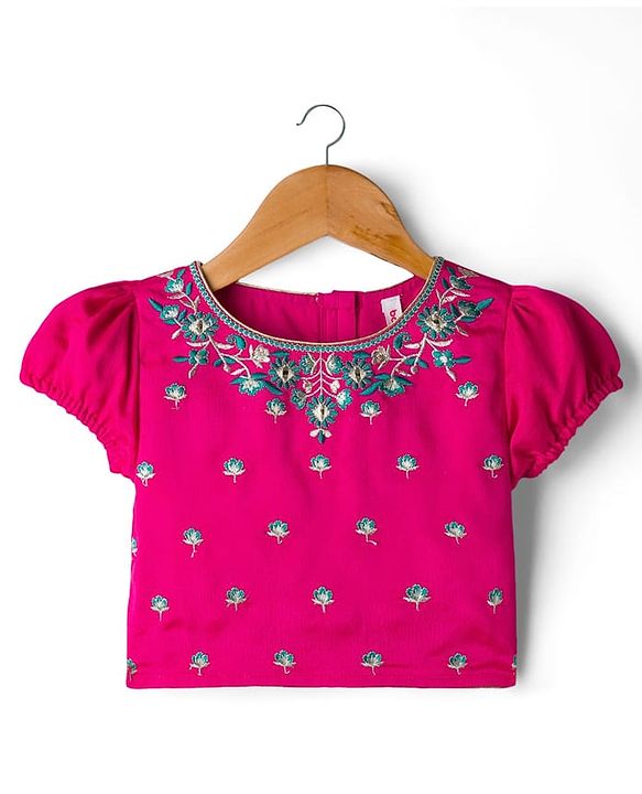 Babyhug Brocade Woven Half Puffed Sleeves Choli Lehenga & Dupatta Set with Floral Embroidery - Pink & Teal Blue