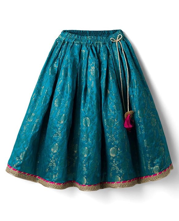 Babyhug Brocade Woven Half Puffed Sleeves Choli Lehenga & Dupatta Set with Floral Embroidery - Pink & Teal Blue