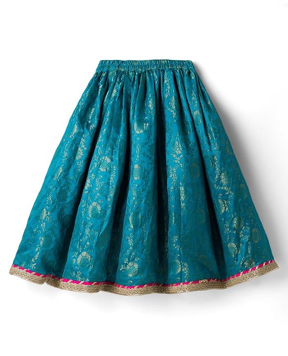 Babyhug Brocade Woven Half Puffed Sleeves Choli Lehenga & Dupatta Set with Floral Embroidery - Pink & Teal Blue