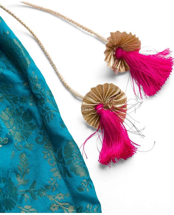 Babyhug Brocade Woven Half Puffed Sleeves Choli Lehenga & Dupatta Set with Floral Embroidery - Pink & Teal Blue