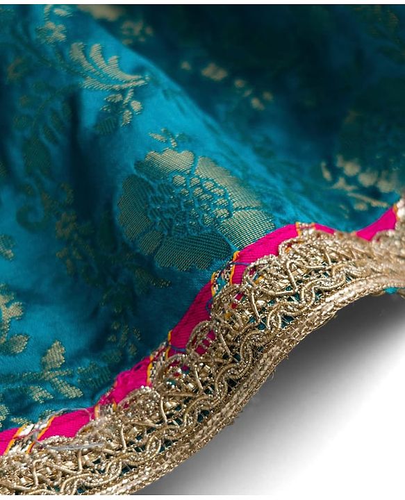 Babyhug Brocade Woven Half Puffed Sleeves Choli Lehenga & Dupatta Set with Floral Embroidery - Pink & Teal Blue