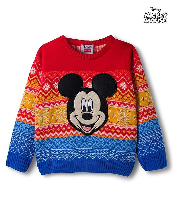 Babyhug Disney Woven Full Sleeves Pullover Sweater With Mickey Mouse Graphics - Multicolor