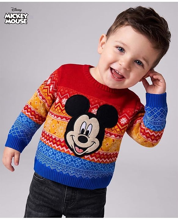Babyhug Disney Woven Full Sleeves Pullover Sweater With Mickey Mouse Graphics - Multicolor
