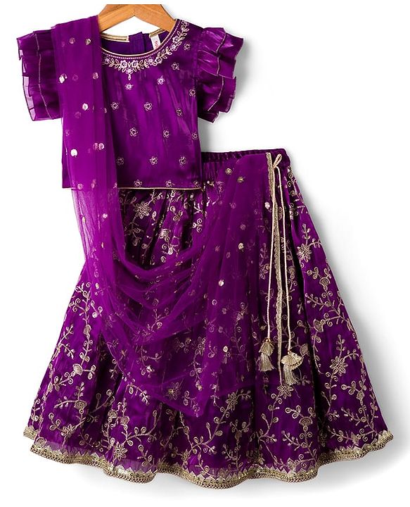 Babyhug Glass Nylon Woven Frill Sleeves Choli Lehenga & Dupatta Set with Floral Embroidery - Purple