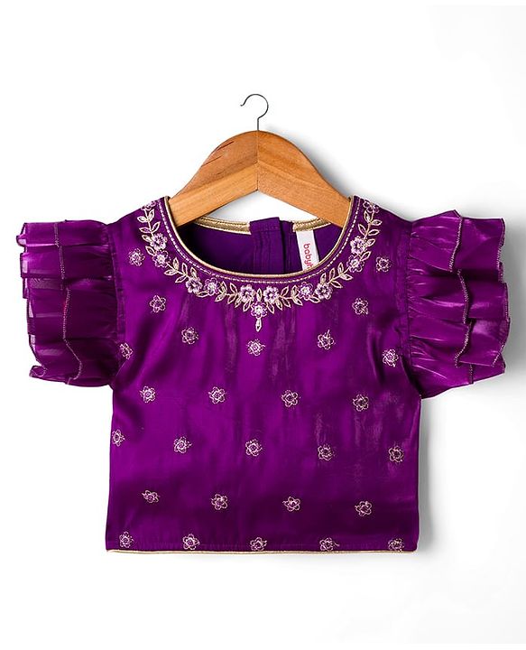 Babyhug Glass Nylon Woven Frill Sleeves Choli Lehenga & Dupatta Set with Floral Embroidery - Purple