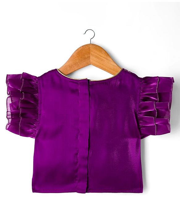 Babyhug Glass Nylon Woven Frill Sleeves Choli Lehenga & Dupatta Set with Floral Embroidery - Purple
