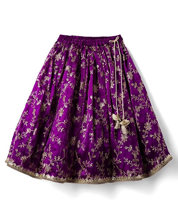 Babyhug Glass Nylon Woven Frill Sleeves Choli Lehenga & Dupatta Set with Floral Embroidery - Purple