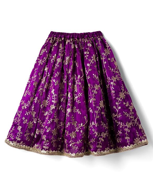 Babyhug Glass Nylon Woven Frill Sleeves Choli Lehenga & Dupatta Set with Floral Embroidery - Purple