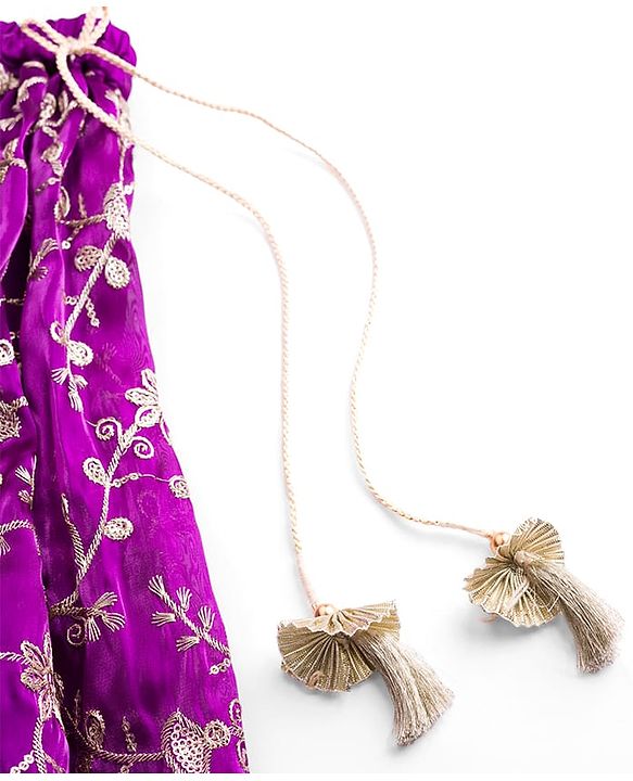 Babyhug Glass Nylon Woven Frill Sleeves Choli Lehenga & Dupatta Set with Floral Embroidery - Purple