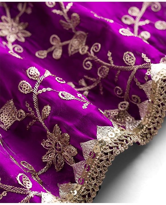 Babyhug Glass Nylon Woven Frill Sleeves Choli Lehenga & Dupatta Set with Floral Embroidery - Purple