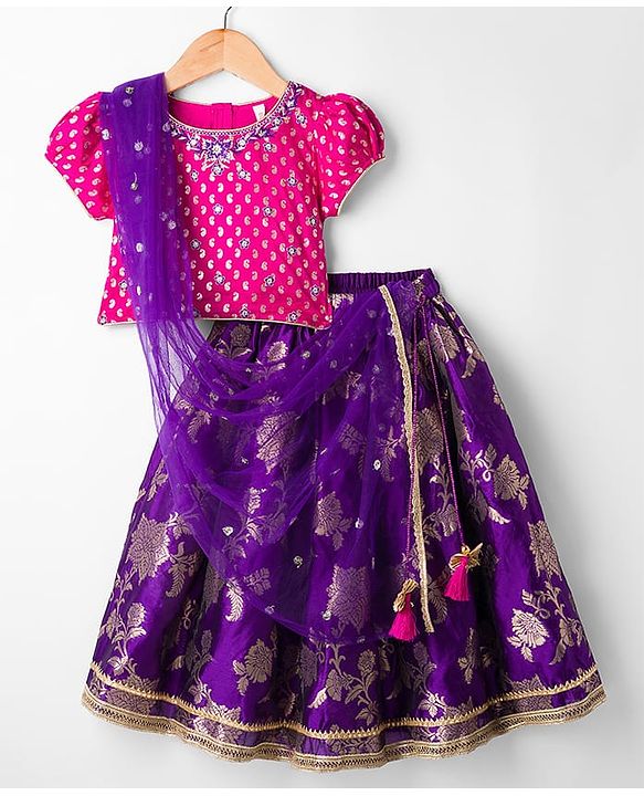 Babyhug Brocade Woven Half Puffed Sleeve Choli Lehenga & Dupatta with Floral Foil Design - Purple & Dark Pink