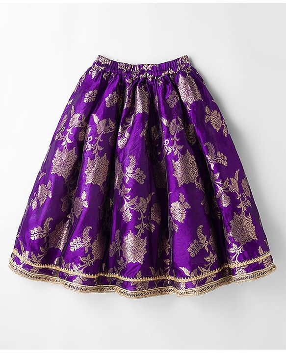 Babyhug Brocade Woven Half Puffed Sleeve Choli Lehenga & Dupatta with Floral Foil Design - Purple & Dark Pink