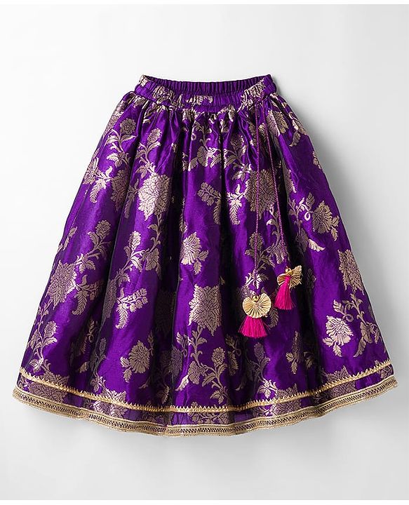 Babyhug Brocade Woven Half Puffed Sleeve Choli Lehenga & Dupatta with Floral Foil Design - Purple & Dark Pink