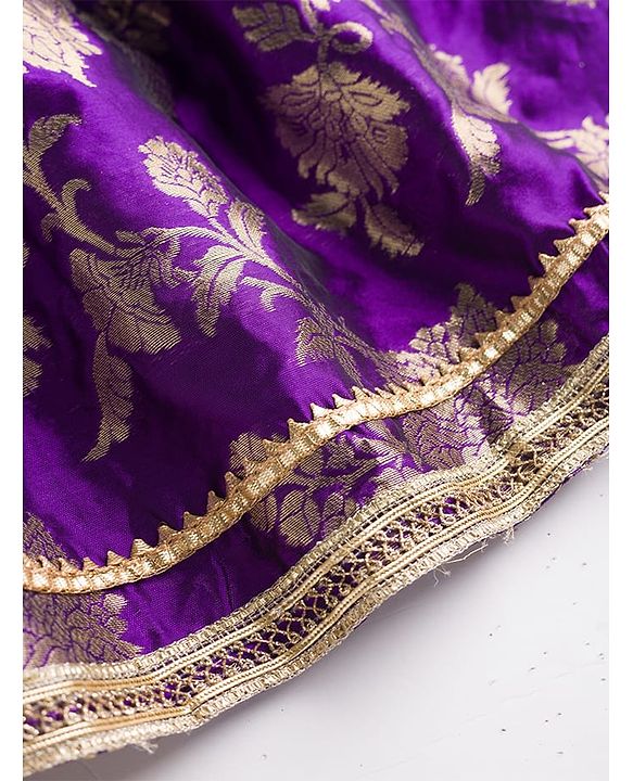Babyhug Brocade Woven Half Puffed Sleeve Choli Lehenga & Dupatta with Floral Foil Design - Purple & Dark Pink