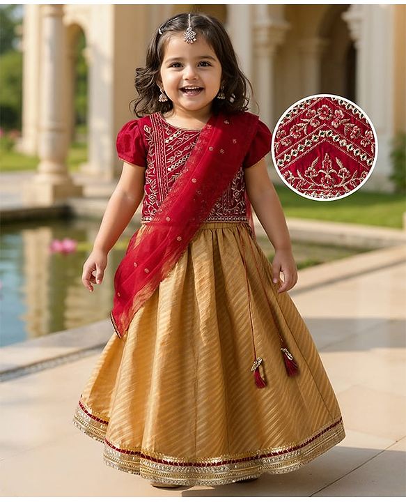 Babyhug Brocade Woven Puff Sleeves Choli Lehenga & Dupatta Set with Floral Embroidery - Red & Beige