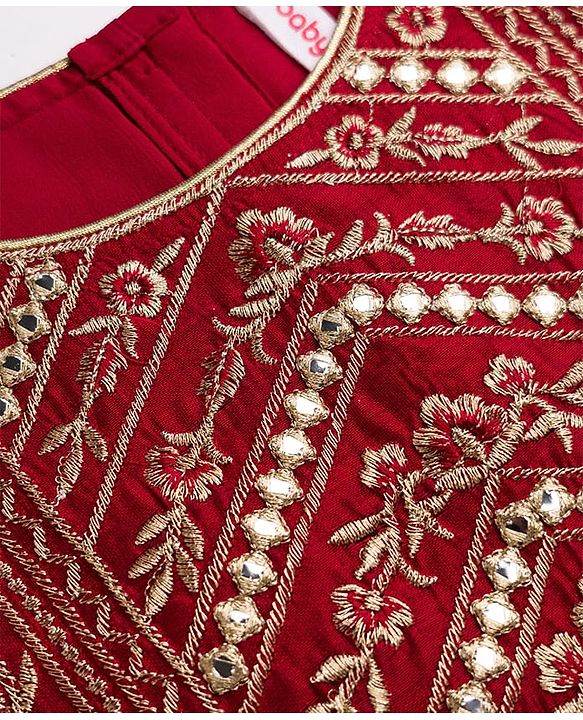 Babyhug Brocade Woven Puff Sleeves Choli Lehenga & Dupatta Set with Floral Embroidery - Red & Beige