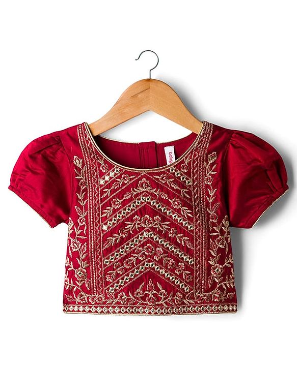 Babyhug Brocade Woven Puff Sleeves Choli Lehenga & Dupatta Set with Floral Embroidery - Red & Beige