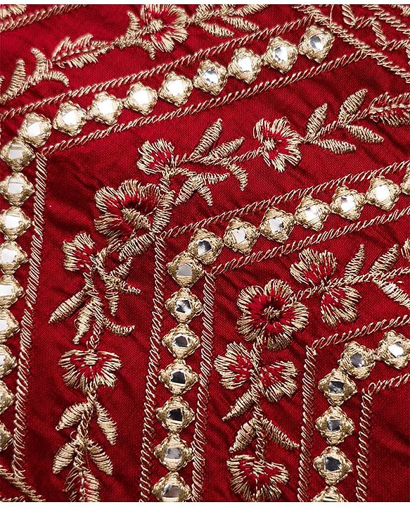 Babyhug Brocade Woven Puff Sleeves Choli Lehenga & Dupatta Set with Floral Embroidery - Red & Beige
