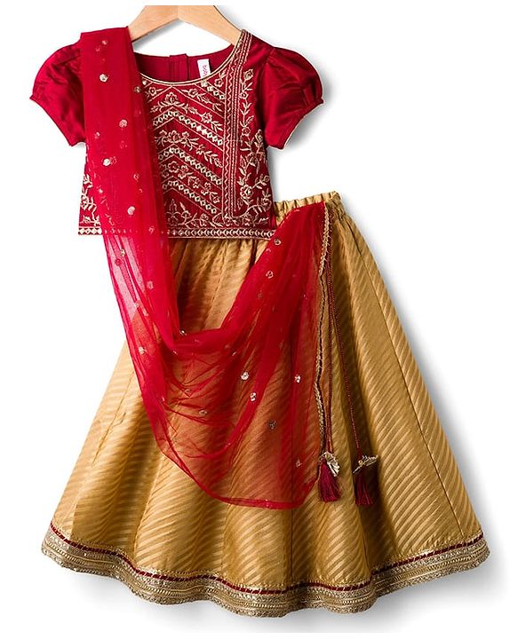 Babyhug Brocade Woven Puff Sleeves Choli Lehenga & Dupatta Set with Floral Embroidery - Red & Beige