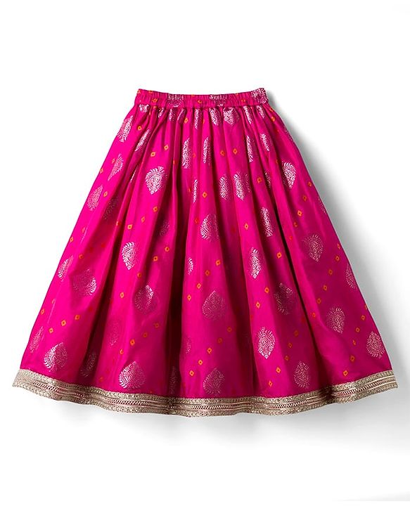 Babyhug Brocade Woven Cap Sleeves Choli Lehenga & Dupatta Set with Floral Foil Print - Hot Pink & Yellow