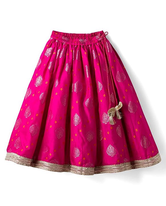 Babyhug Brocade Woven Cap Sleeves Choli Lehenga & Dupatta Set with Floral Foil Print - Hot Pink & Yellow