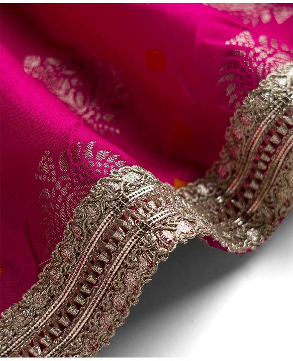 Babyhug Brocade Woven Cap Sleeves Choli Lehenga & Dupatta Set with Floral Foil Print - Hot Pink & Yellow