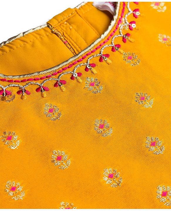 Babyhug Brocade Woven Cap Sleeves Choli Lehenga & Dupatta Set with Floral Foil Print - Hot Pink & Yellow