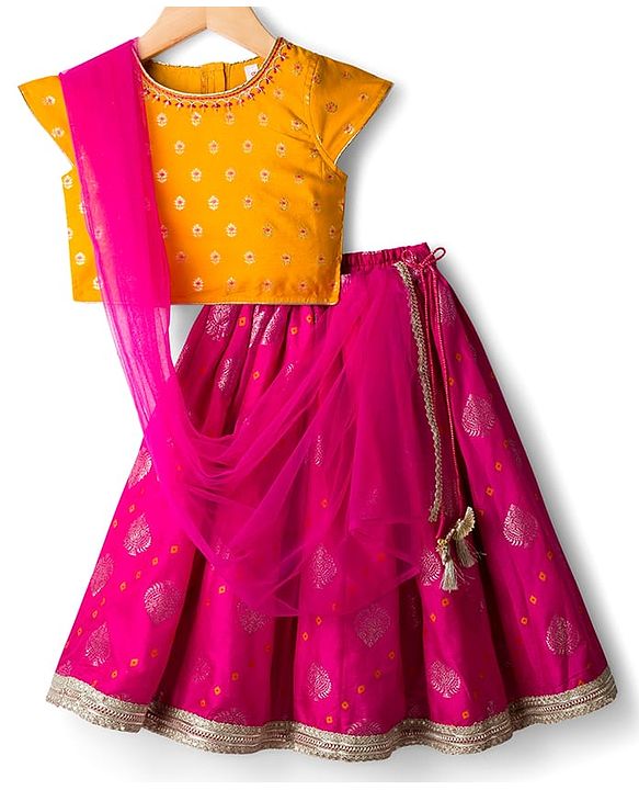 Babyhug Brocade Woven Cap Sleeves Choli Lehenga & Dupatta Set with Floral Foil Print - Hot Pink & Yellow