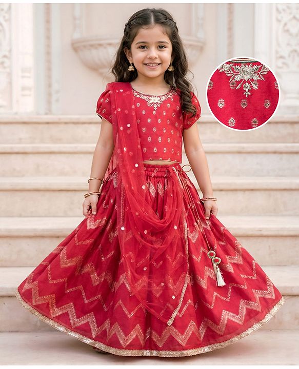 Babyhug Brocade Woven Puff Sleeves Choli Lehenga & Dupatta Set with Floral Foil Print - Red