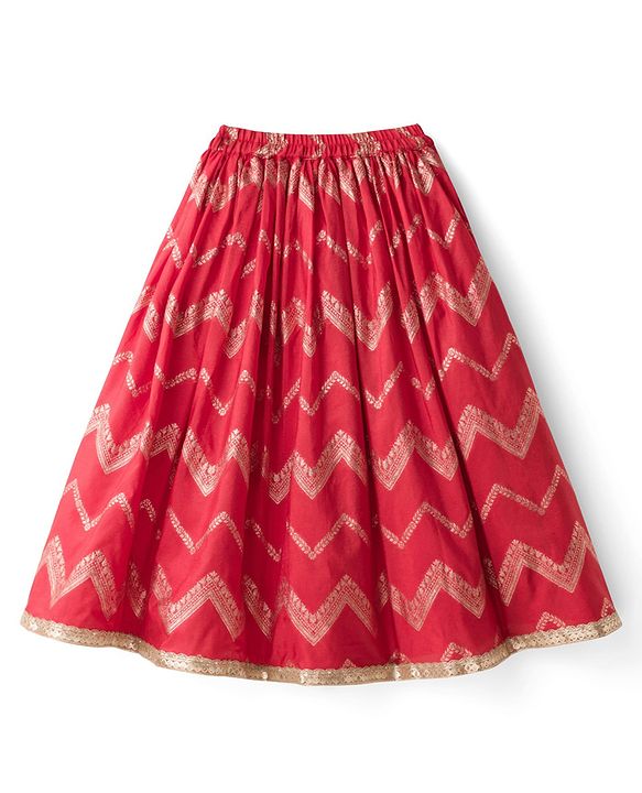 Babyhug Brocade Woven Puff Sleeves Choli Lehenga & Dupatta Set with Floral Foil Print - Red