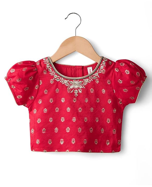 Babyhug Brocade Woven Puff Sleeves Choli Lehenga & Dupatta Set with Floral Foil Print - Red