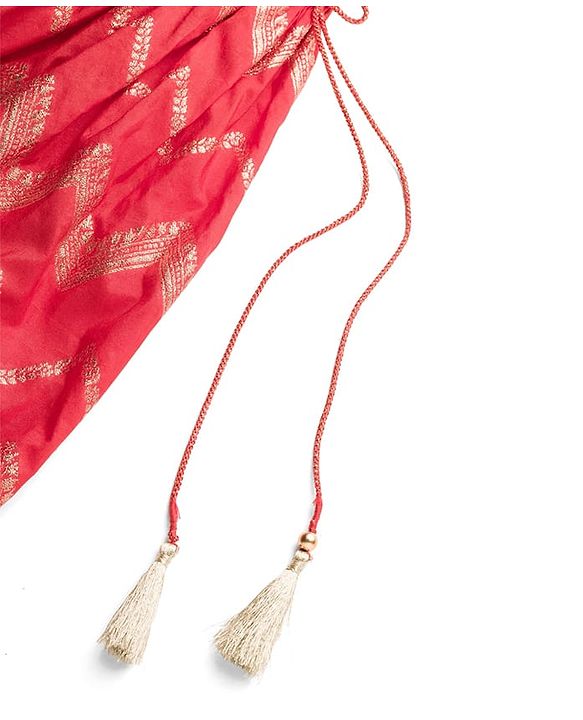 Babyhug Brocade Woven Puff Sleeves Choli Lehenga & Dupatta Set with Floral Foil Print - Red