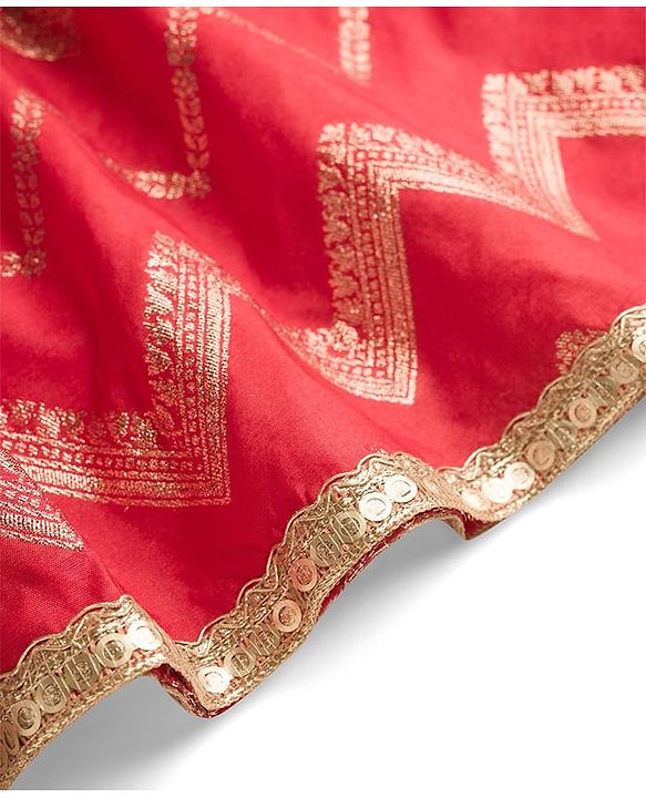 Babyhug Brocade Woven Puff Sleeves Choli Lehenga & Dupatta Set with Floral Foil Print - Red