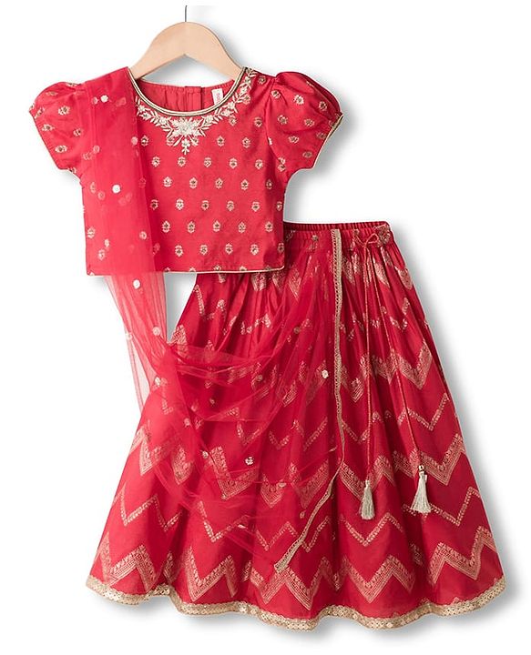 Babyhug Brocade Woven Puff Sleeves Choli Lehenga & Dupatta Set with Floral Foil Print - Red