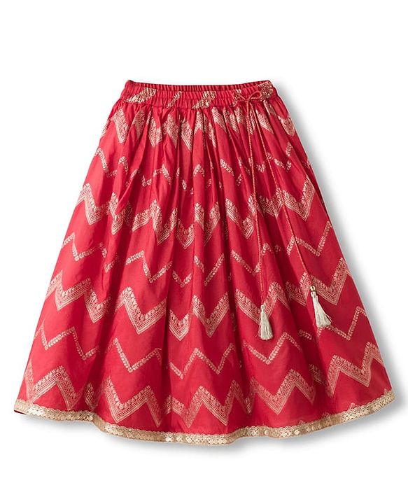 Babyhug Brocade Woven Puff Sleeves Choli Lehenga & Dupatta Set with Floral Foil Print - Red