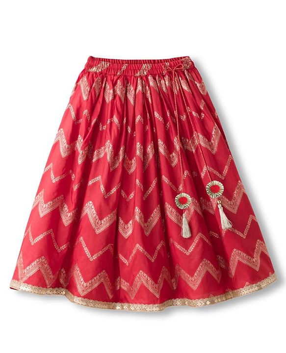 Babyhug Brocade Woven Puff Sleeves Choli Lehenga & Dupatta Set with Floral Foil Print - Red