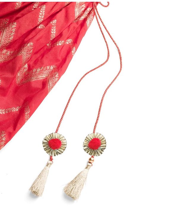 Babyhug Brocade Woven Puff Sleeves Choli Lehenga & Dupatta Set with Floral Foil Print - Red