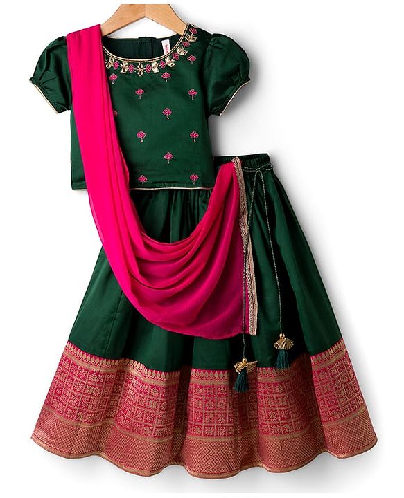 Babyhug Woven Half Puffed Sleeves Choli Lehenga & Dupatta Set with Floral Embroidery - Dark Green
