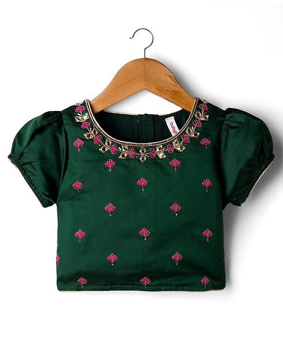Babyhug Woven Half Puffed Sleeves Choli Lehenga & Dupatta Set with Floral Embroidery - Dark Green