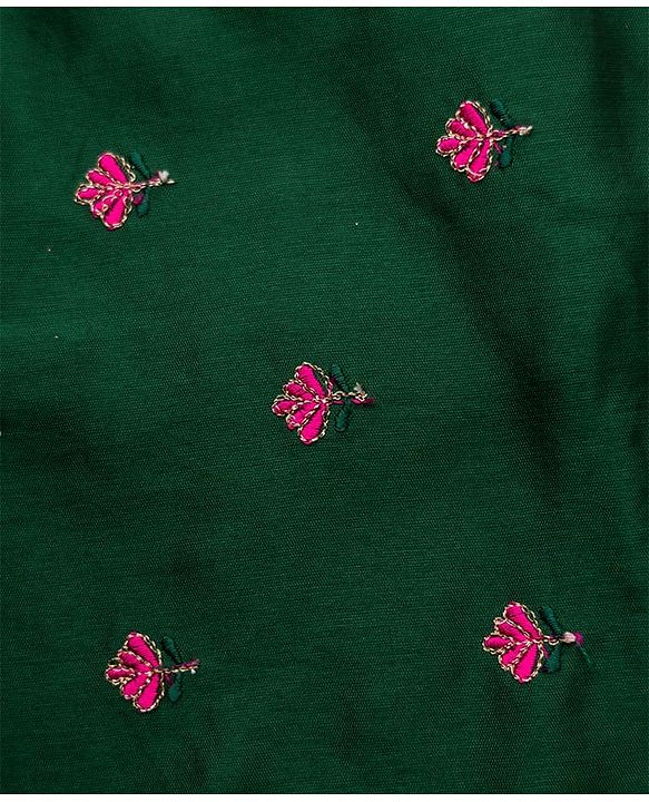 Babyhug Woven Half Puffed Sleeves Choli Lehenga & Dupatta Set with Floral Embroidery - Dark Green