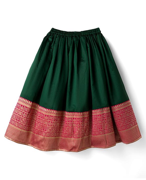 Babyhug Woven Half Puffed Sleeves Choli Lehenga & Dupatta Set with Floral Embroidery - Dark Green