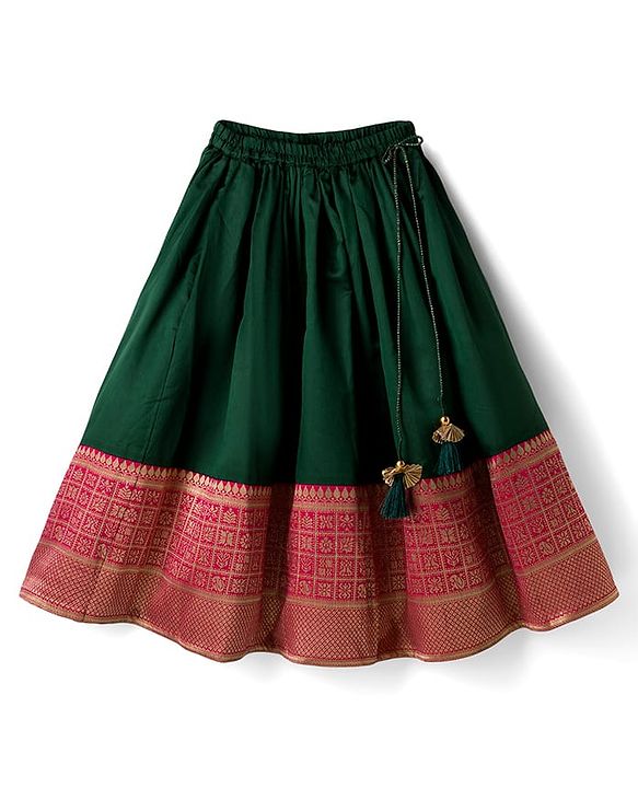 Babyhug Woven Half Puffed Sleeves Choli Lehenga & Dupatta Set with Floral Embroidery - Dark Green
