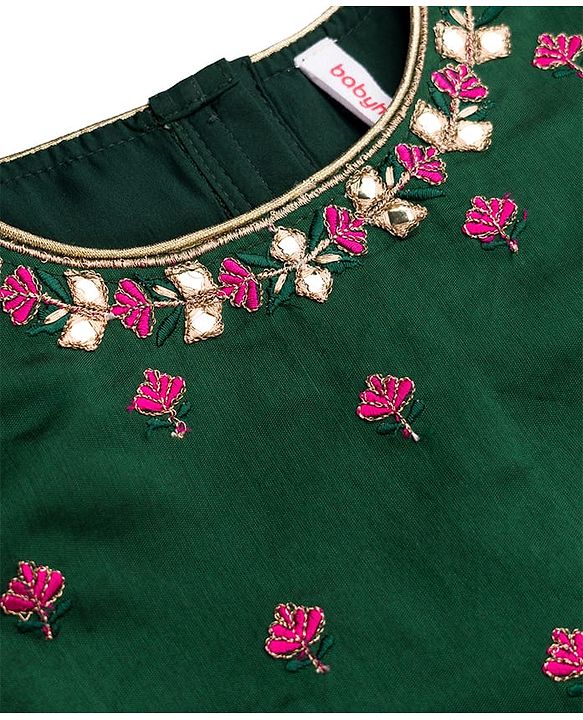 Babyhug Woven Half Puffed Sleeves Choli Lehenga & Dupatta Set with Floral Embroidery - Dark Green