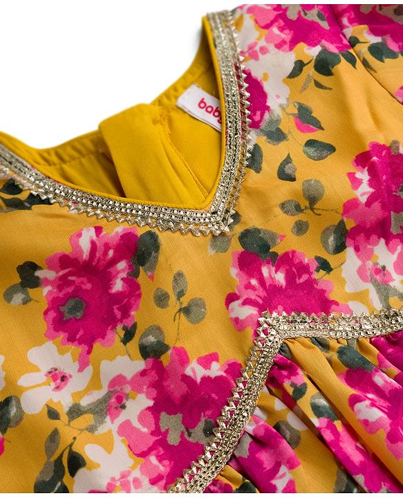 Babyhug Cambric Woven Full Sleeves Kurti Palazzo & Dupatta Set With Floral Print - Yellow & Pink
