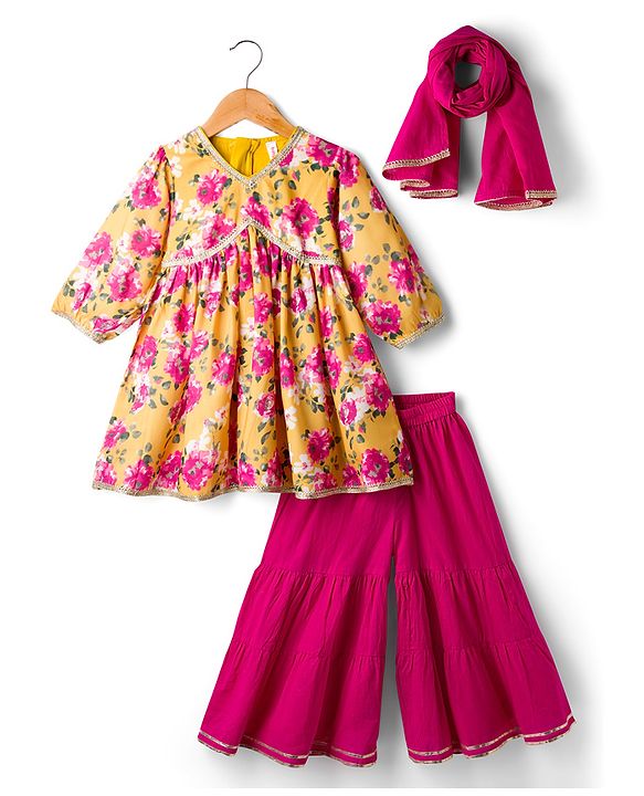 Babyhug Cambric Woven Full Sleeves Kurti Palazzo & Dupatta Set With Floral Print - Yellow & Pink