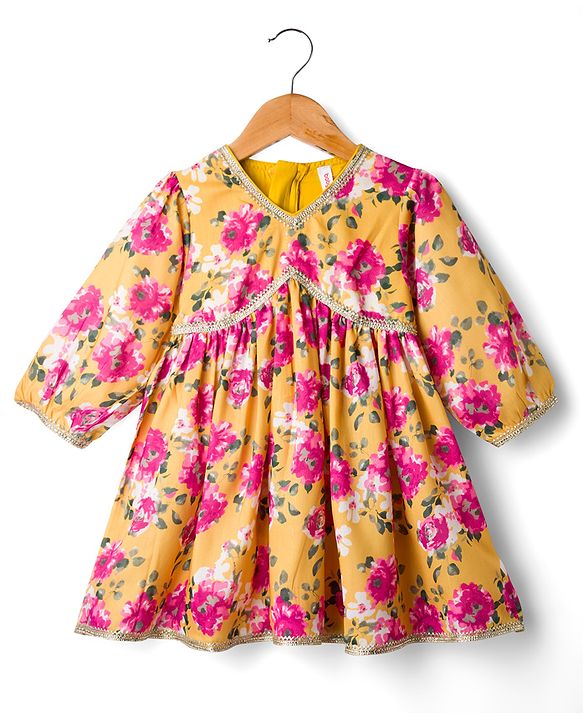 Babyhug Cambric Woven Full Sleeves Kurti Palazzo & Dupatta Set With Floral Print - Yellow & Pink