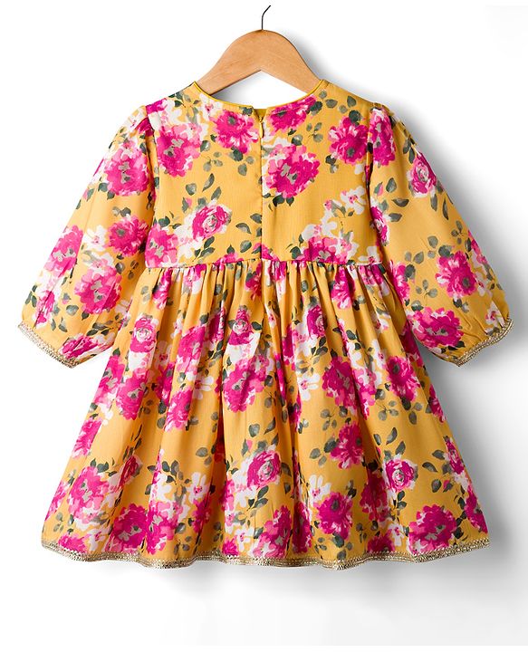 Babyhug Cambric Woven Full Sleeves Kurti Palazzo & Dupatta Set With Floral Print - Yellow & Pink
